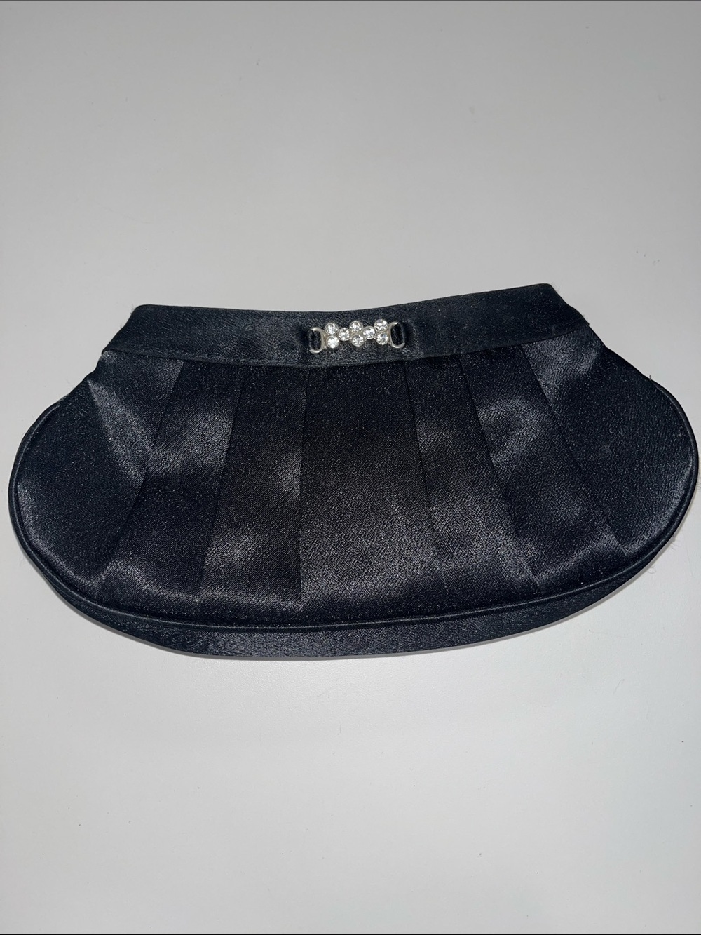 Gunne Sax Black Satin Pleated Clutch with Rhinestone Accent